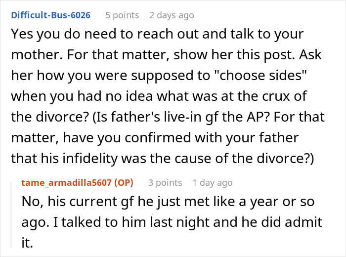 Reddit comments discussing a mom blaming her daughter for picking dad in the divorce and refusing involvement. Reddit comments discussing a mom blaming her daughter for picking dad in the divorce and refusing involvement.