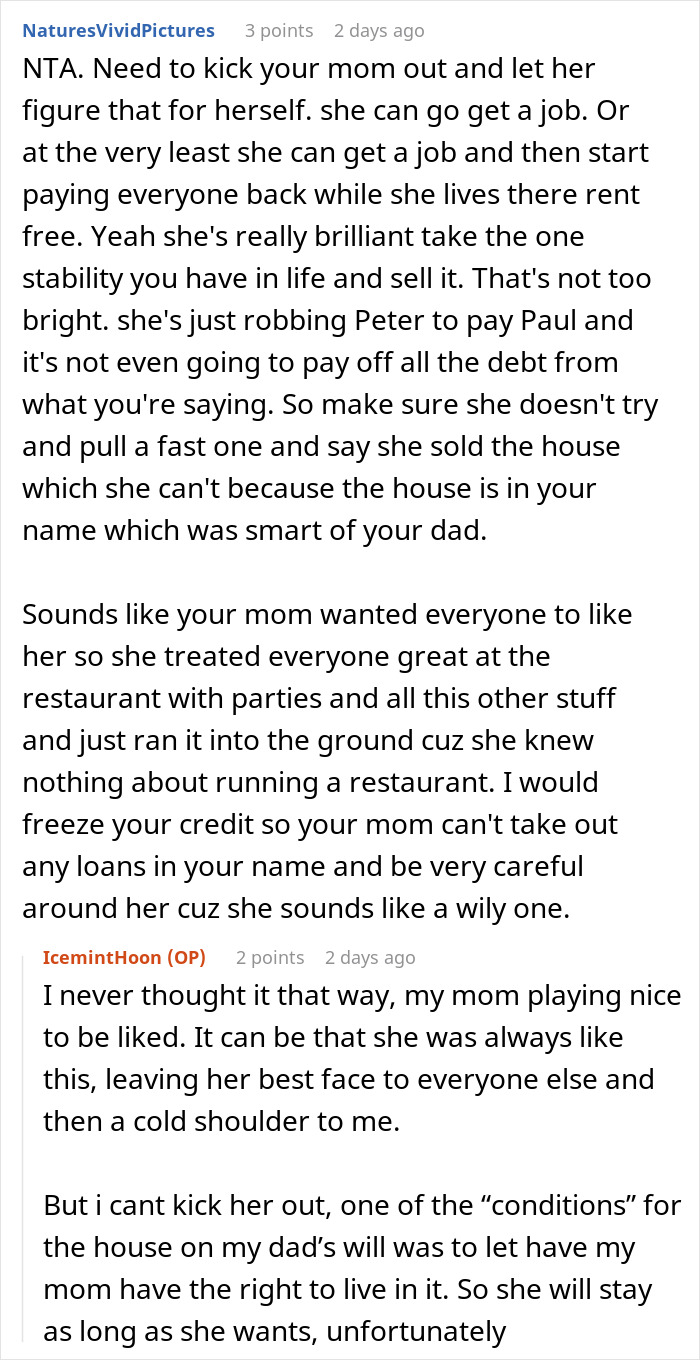 Mom in debt faces daughter refusing to sell inherited home to help with $37K financial struggles.