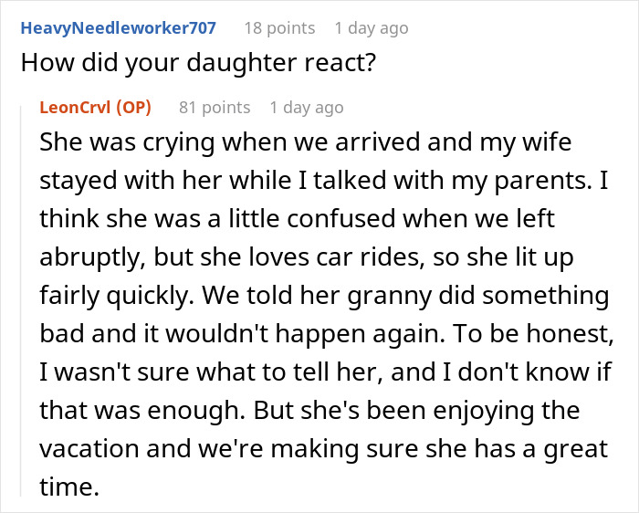 Screenshot of an online conversation discussing grandparents spanking a 3-year-old and parents banning visits. Screenshot of an online conversation discussing grandparents spanking a 3-year-old and parents banning visits.
