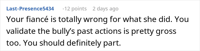 Comment discussing fiancé’s obsession with her bully and its impact on relationships in an online forum. Comment discussing fiancé’s obsession with her bully and its impact on relationships in an online forum.
