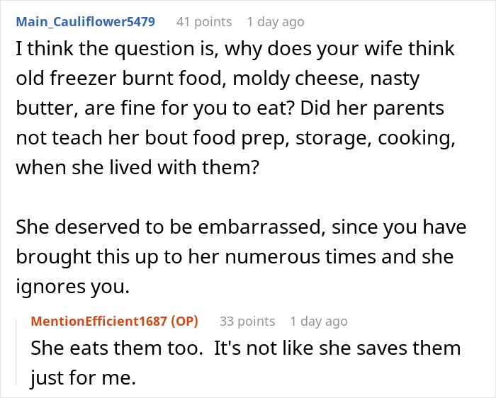 Text comments discussing a wife furious after husband embarrasses her in front of her parents about food safety concerns. Text comments discussing a wife furious after husband embarrasses her in front of her parents about food safety concerns.