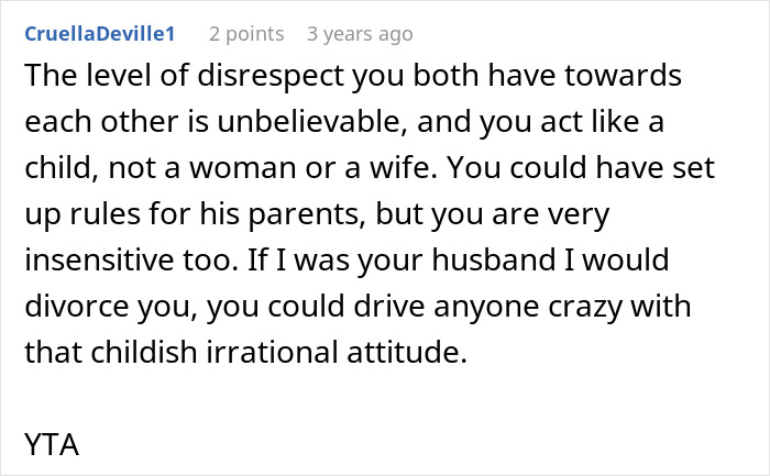 Screenshot of a Reddit comment discussing disrespect and irrational attitude in a husband&rsquo;s tantrum after wife refuses demands.