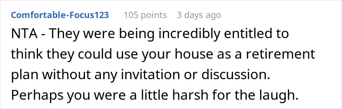 Screenshot of an online comment criticizing in-laws who refused to help with childcare but want to move in without invitation.
