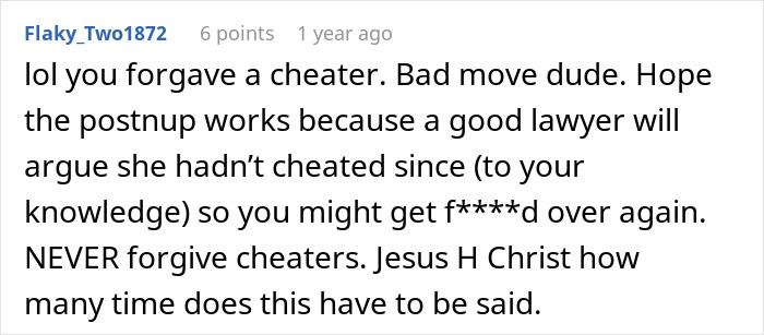 Reddit comment warning about forgiving a cheater, discussing consequences of wife’s cheating discovered years later.