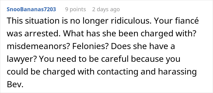Reddit comment discussing fiancée’s obsession with her bully and potential legal issues involving stalking and harassment. Reddit comment discussing fiancée’s obsession with her bully and potential legal issues involving stalking and harassment.