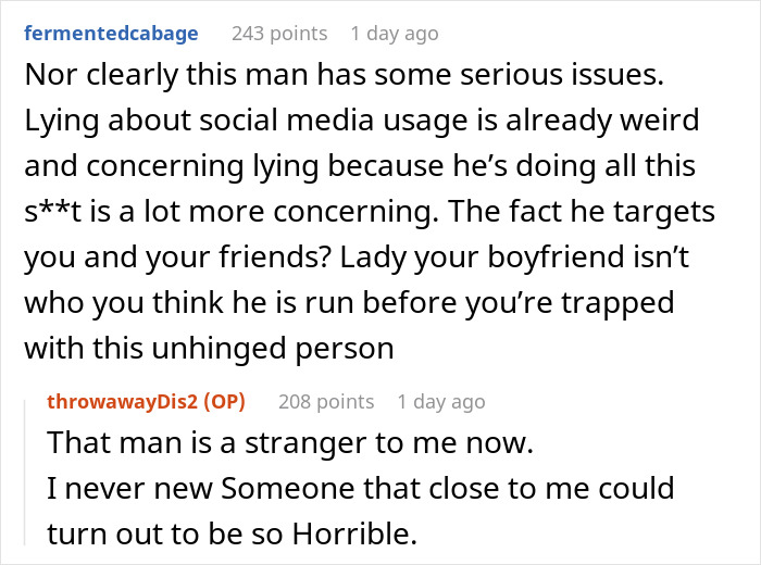 Online comments discussing a woman discovering her boyfriend is an internet troll who targeted her and friends.