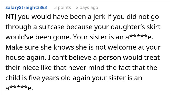 Comment discussing a woman who steals her 5-year-old niece&rsquo;s skirt and lies when confronted about it.