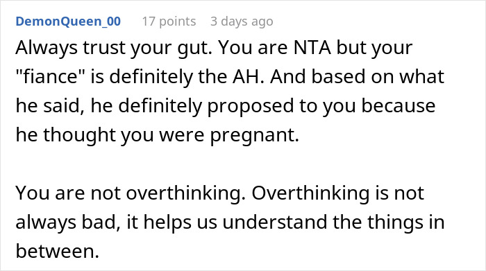 Comment discussing a man showing his true colors after assuming fiancée is pregnant, leaving her shocked and humiliated. Comment discussing a man showing his true colors after assuming fiancée is pregnant, leaving her shocked and humiliated.