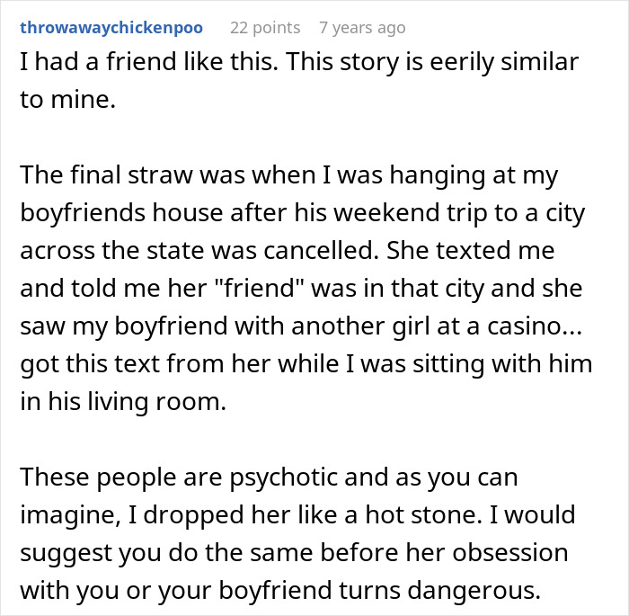 Screenshot of a Reddit comment describing a woman fabricating evidence of cheating to convince a friend to dump her boyfriend.