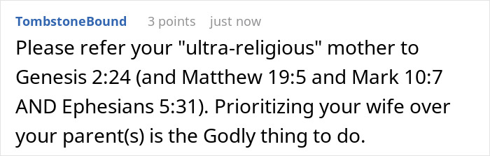Text conversation discussing religious guilt trips and biblical verses about family priorities in a conflict between adult son and religious mom. Text conversation discussing religious guilt trips and biblical verses about family priorities in a conflict between adult son and religious mom.