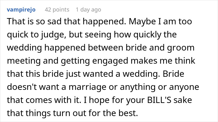 Comment about bride entering new family with drama after excluding sister-in-law from wedding photos. Comment about bride entering new family with drama after excluding sister-in-law from wedding photos.