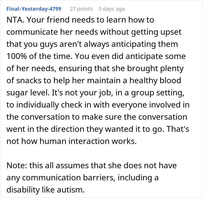 Comment discussing a woman mad at her friend for an unplanned walking trip despite her diabetic needs and blood sugar management.