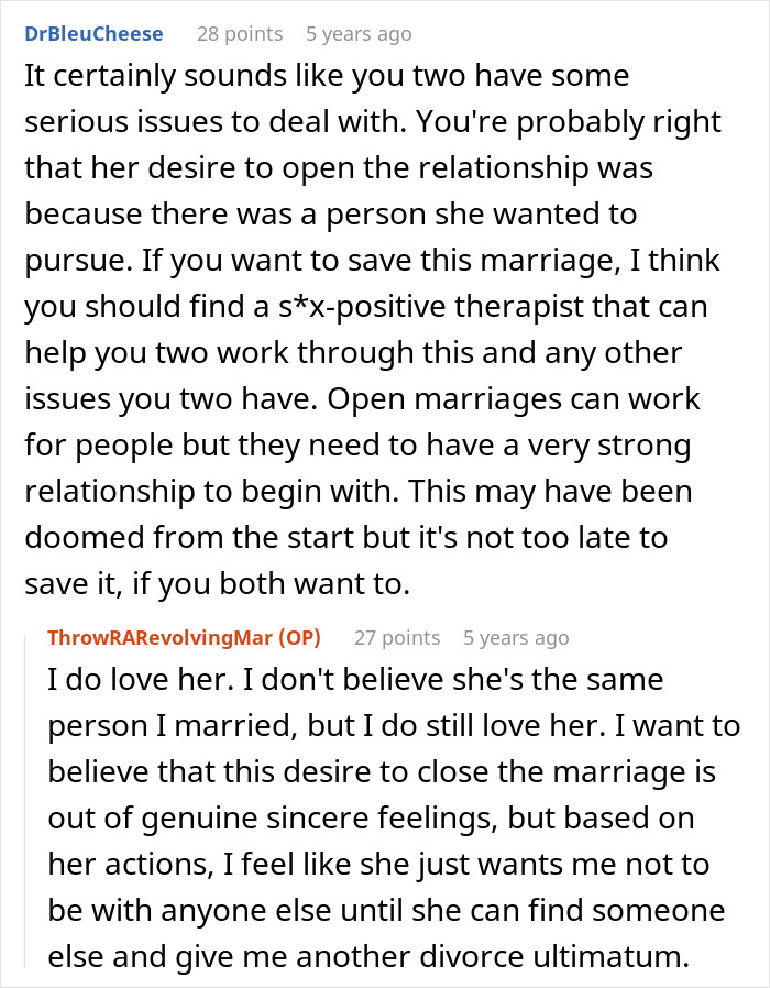 Screenshot of a forum discussing open marriage issues, focusing on wife making husband agree to an open marriage. Screenshot of a forum discussing open marriage issues, focusing on wife making husband agree to an open marriage.