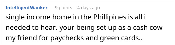 Comment discussing someone being set up as a cash cow, related to income sharing in a relationship contract.