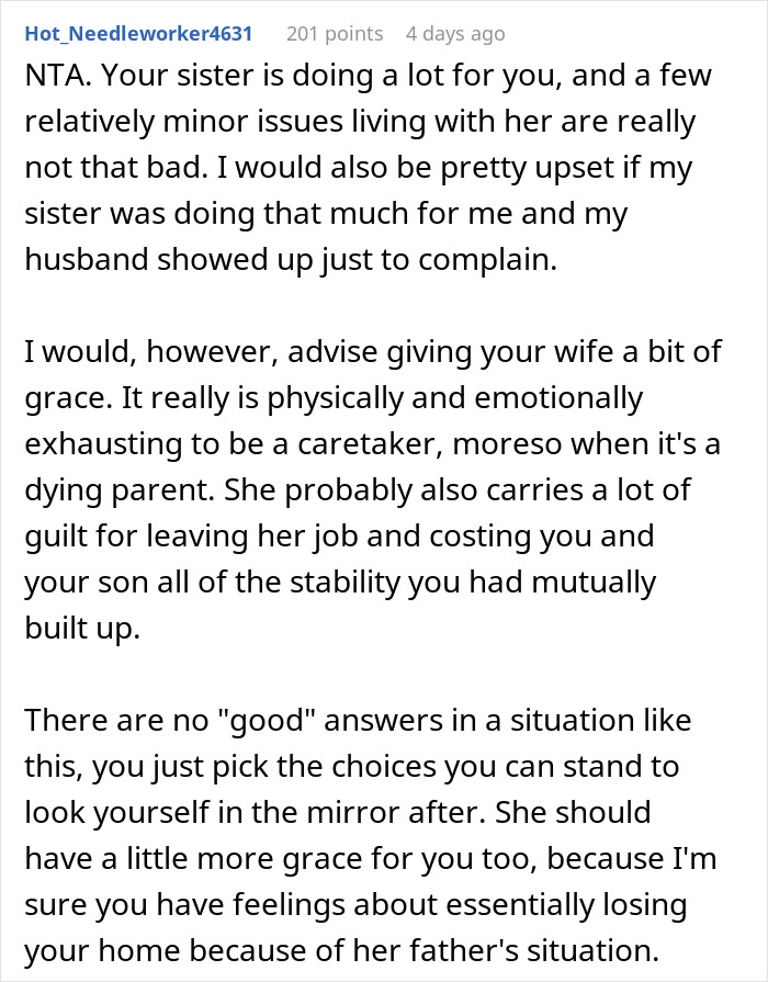 Alt text: Screenshot of a Reddit comment discussing complaints about sister-in-law and emotional stress of caregiving in family living situation.