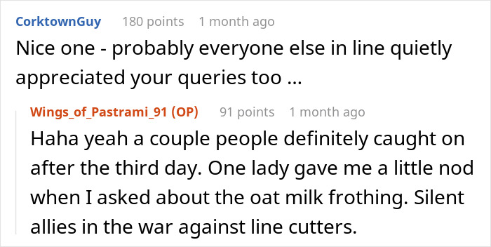 Commenters discussing a guy trying to skip the coffee line and patrons quietly supporting actions against line cutters.