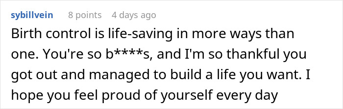 Screenshot of a comment praising birth control and expressing gratitude for overcoming forced marriage challenges. Screenshot of a comment praising birth control and expressing gratitude for overcoming forced marriage challenges.