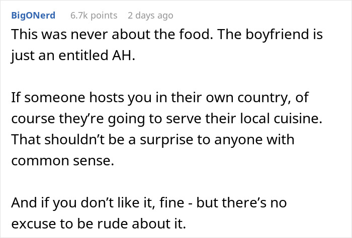 Screenshot of a social media comment criticizing a boyfriend&rsquo;s rude reaction to traditional gross food instead of American dishes.