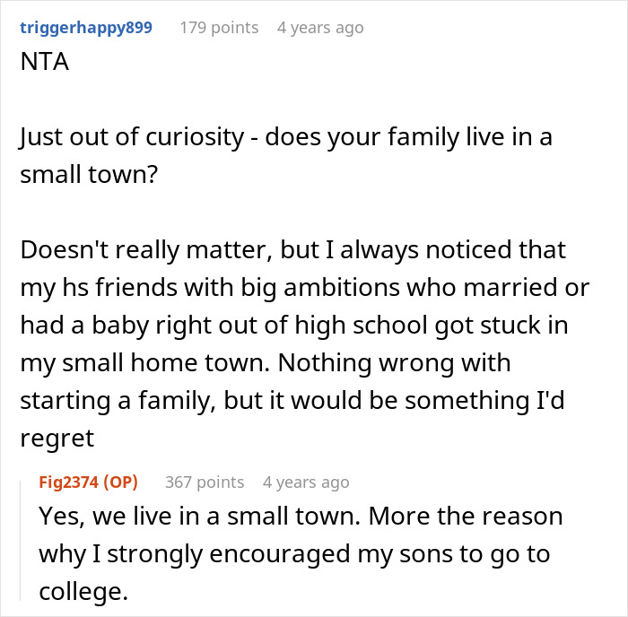 Reddit conversation discussing a mom urging son not to marry girlfriend right after high school and its long-term impact.