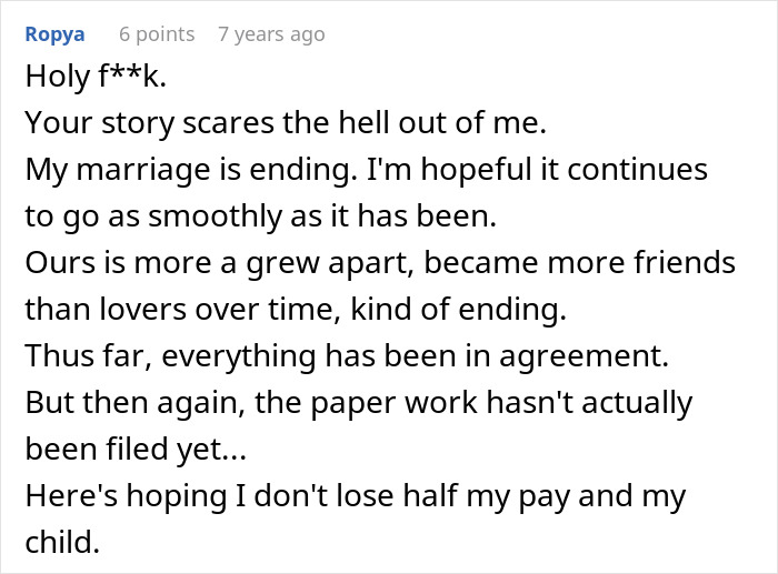 Comment about woman’s court act blowing up after husband and friend provide evidence, leading to loss and emotional impact.