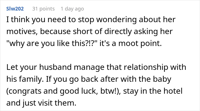 Comment discussing expired food in her pantry from 1999 and pregnant woman declining meals from mother-in-law.