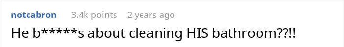 Screenshot of a Reddit comment expressing frustration about a husband cleaning his bathroom, related to wife living life like husband.