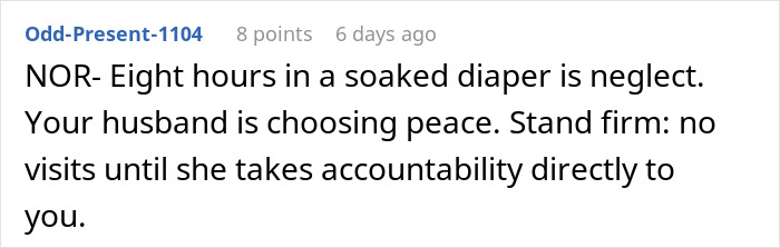 Text excerpt about woman horrified MIL neglected to change kid's diaper all day, deciding to ban her visits for accountability.