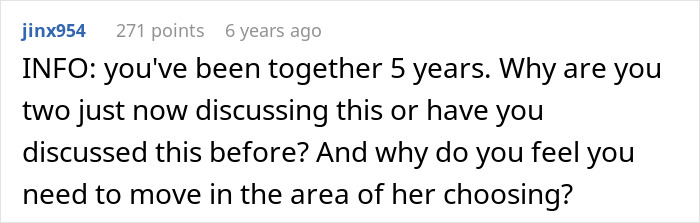 Screenshot of an online comment discussing a couple’s 5-year relationship and moving preferences amid prenup and engagement issues. Screenshot of an online comment discussing a couple’s 5-year relationship and moving preferences amid prenup and engagement issues.