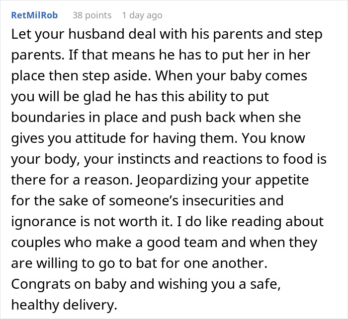 Comment on pregnant woman declining expired food in her pantry from 1999, emphasizing boundaries and healthy choices.