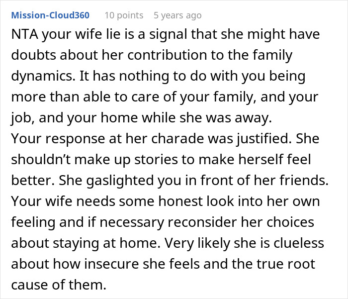 Reddit comment screenshot about guy embarrasses wife for not going along with her lie, long advice reply Reddit comment screenshot about guy embarrasses wife for not going along with her lie, long advice reply