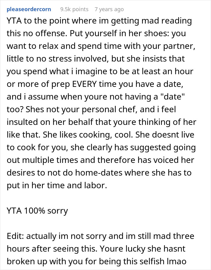 Comment from user discussing frustrations about a chef girlfriend and boyfriend not going to restaurants, focusing on relationship tensions.