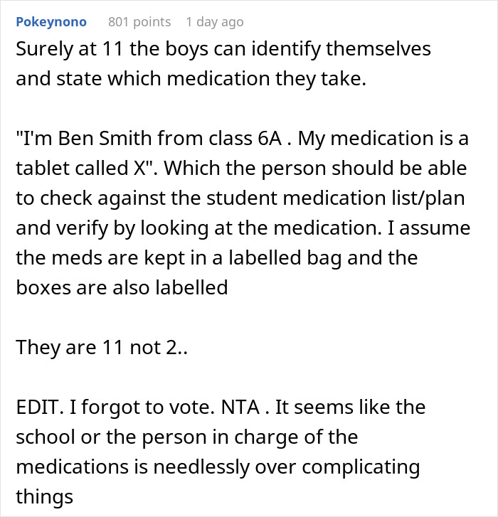 Comment discussing school medication management and the parent refusing to make their twins less similar for identification.