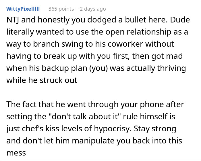 Comment discussing a man&rsquo;s plan to open relationship to date younger coworker backfiring when she&rsquo;s not interested.