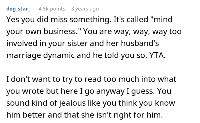 Commenter critiques interference in sister&rsquo;s marriage, discussing husband&rsquo;s role and relationship dynamics online.