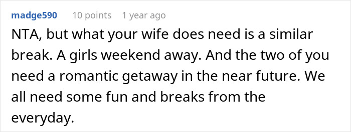 Screenshot of a Reddit comment discussing the wife treating dad's 48-hour work absence like a solo vacay with three kids at home.