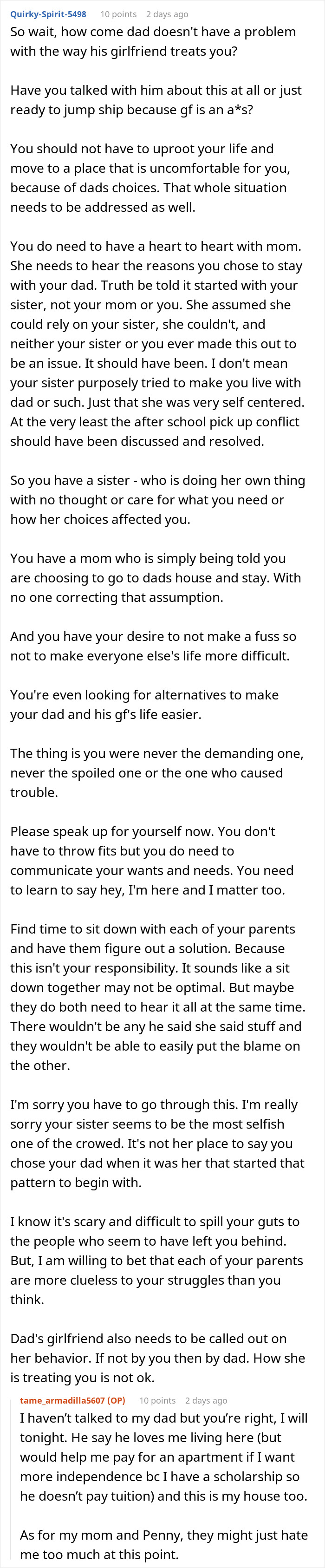 Reddit advice on daughter blamed by mom for picking dad in divorce, refusing involvement in her life and family conflicts.