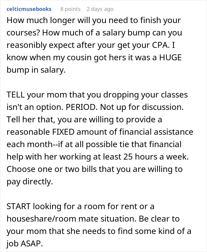 Woman who hasn&rsquo;t worked since 2006 demands child drop out of college to pay bills advice discussion text screenshot