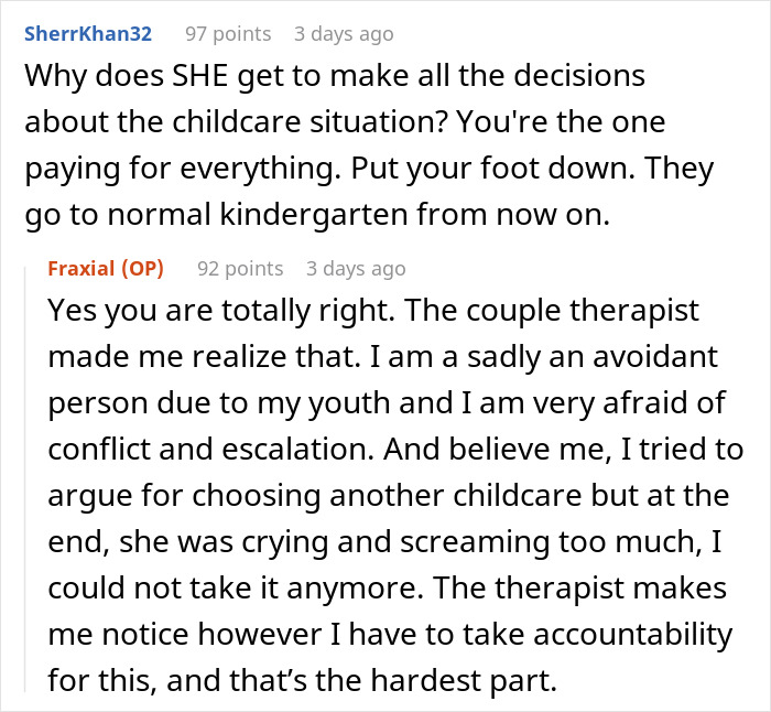 Reddit screenshot of comments on childcare and relationship conflict, man feels like GF's ATM Reddit screenshot of comments on childcare and relationship conflict, man feels like GF's ATM