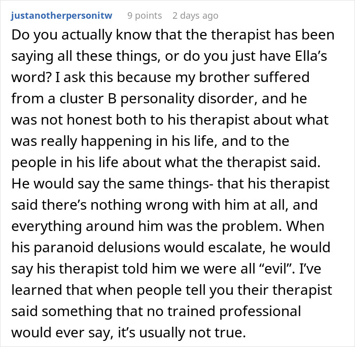 Alt text: Text discussing fianc&eacute;e&rsquo;s obsession with her bully and stalking behavior affecting relationships and trust in therapy statements.