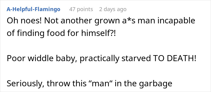 Screenshot of online comment criticizing man for reacting badly to traditional gross food instead of American dishes.