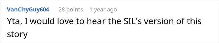 Screenshot of a forum comment referencing SIL holding a couple hostage at dinner and threatening to ruin their car with food. Screenshot of a forum comment referencing SIL holding a couple hostage at dinner and threatening to ruin their car with food.