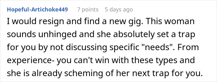 Comment about babysitter gives birthday gift, mother furious, describing a woman setting a trap and being unhinged.