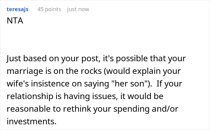 User comment discussing family money issues and spending concerns related to stepson and college expenses. User comment discussing family money issues and spending concerns related to stepson and college expenses.