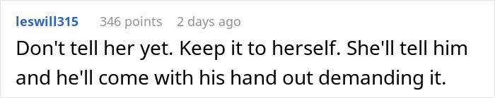 Comment expressing concern about keeping a secret fund for sister who became a tradwife, avoiding confrontation.