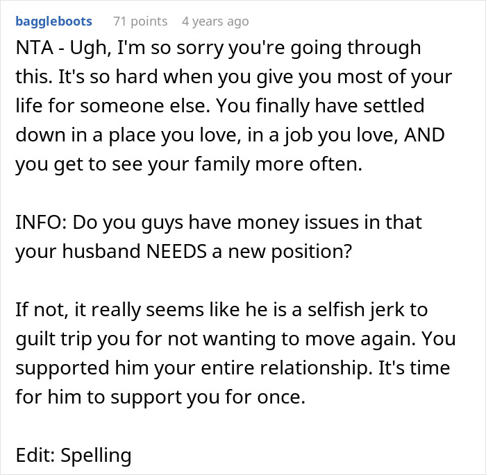 Screenshot of a Reddit comment discussing a woman refusing to move again after relocating for her husband’s career. Screenshot of a Reddit comment discussing a woman refusing to move again after relocating for her husband’s career.