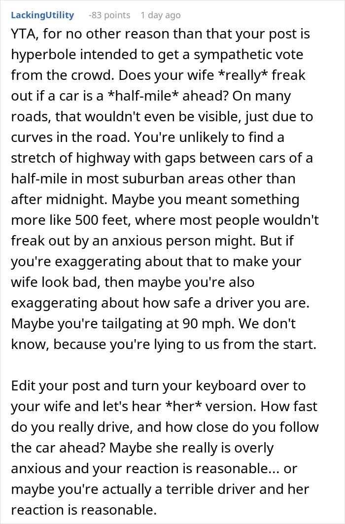 Comment discussing husband banning wife from front seat after her anxiety meltdown risking their safety. Comment discussing husband banning wife from front seat after her anxiety meltdown risking their safety.