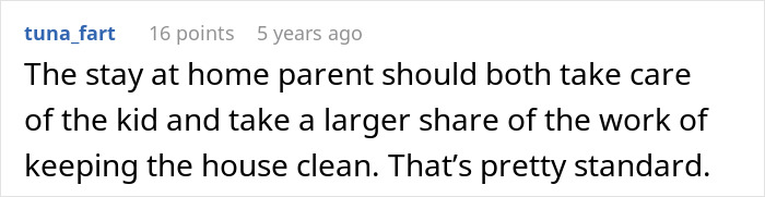 Comment about stay at home parent responsibilities, emphasizing equal childcare and house cleaning duties at home. Comment about stay at home parent responsibilities, emphasizing equal childcare and house cleaning duties at home.