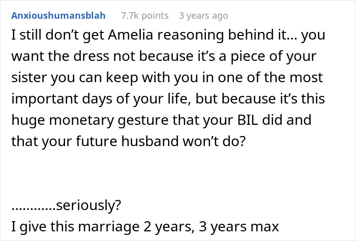 Comment discussing conflict over a daughter&rsquo;s wedding dress as mom clings to it, causing tension with older daughter.