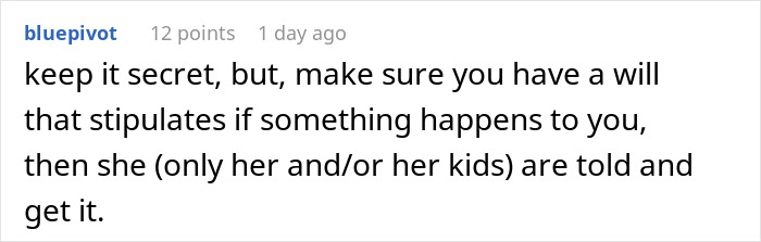 Screenshot of an online comment discussing keeping a secret fund for a worried woman about her tradwife sister. Screenshot of an online comment discussing keeping a secret fund for a worried woman about her tradwife sister.