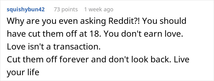 Comment on Reddit warning about cutting off toxic family members, reflecting Golden Child sibling drama and parents’ reaction. Comment on Reddit warning about cutting off toxic family members, reflecting Golden Child sibling drama and parents’ reaction.